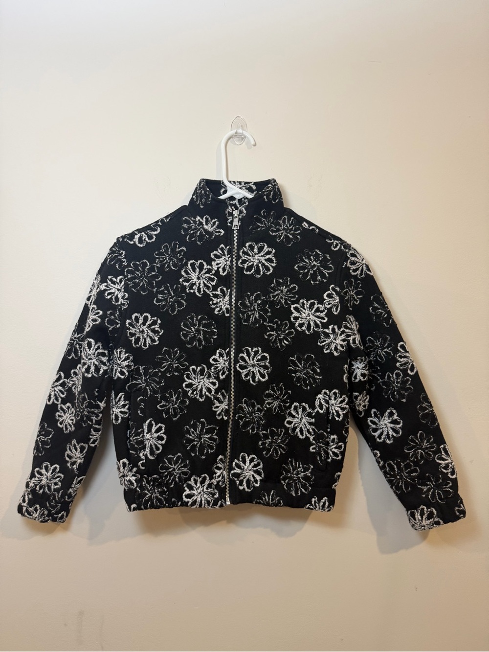 Fashion Nova Black Puffer Jacket with White Floral Print